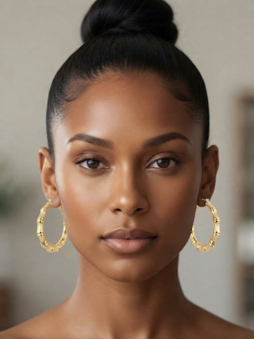 Gold Bamboo-Style Hoop Earrings - Women Jewelry